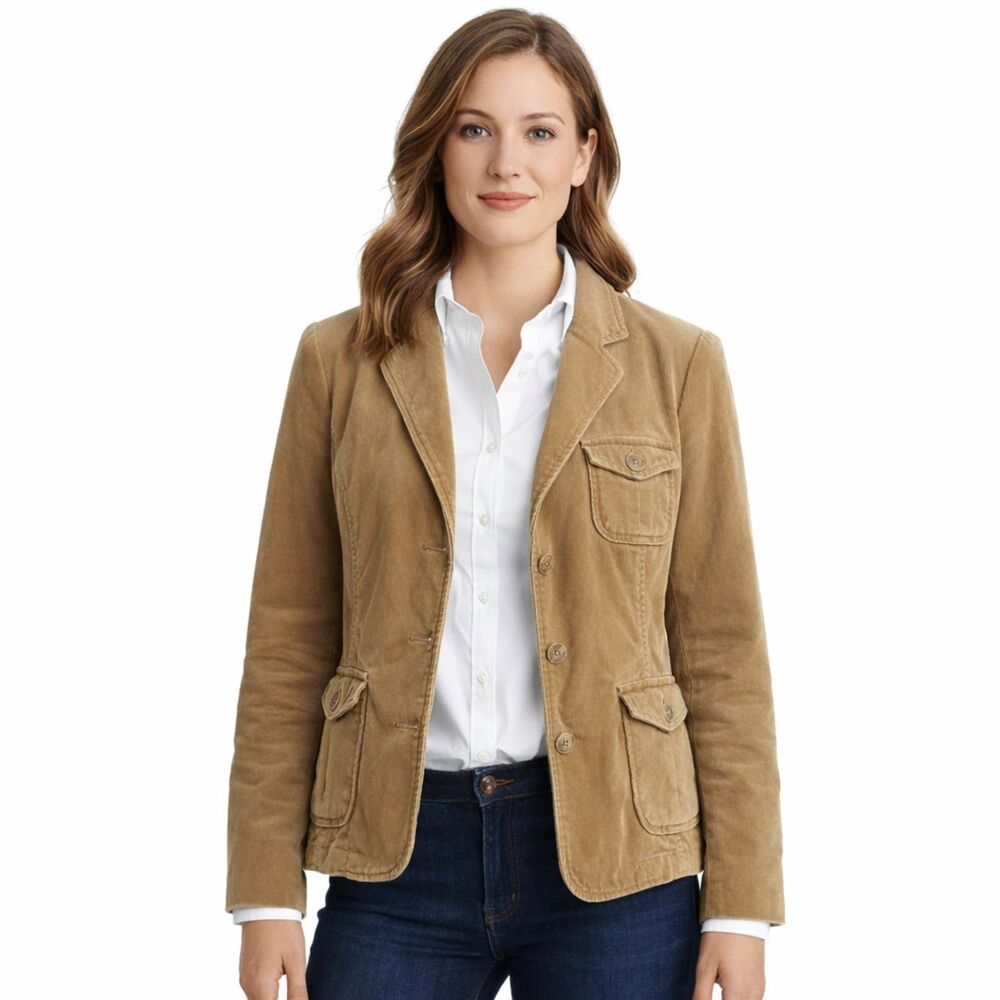 Lands End Corduroy Blazer Womens Sz 10 Camel Cargo Button Pockets Ivy League